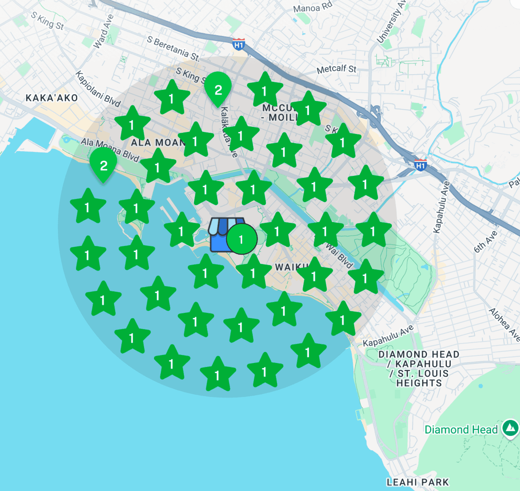 Map showing successful client locations with green pins