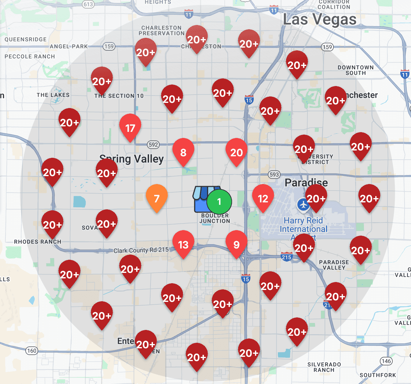 Map with red location pins indicating competitors